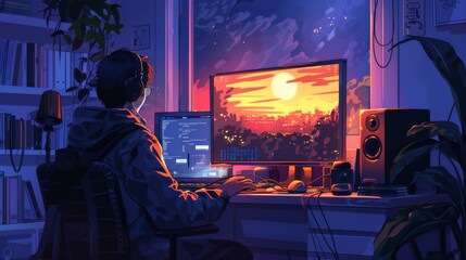 Wall Mural - Nighttime Work at the Computer