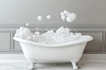 Bubbles overflowing vintage clawfoot bathtub in elegant bathroom