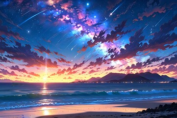 milky way visible in the early morning sky, with flowing clouds and the sea gently illuminated the s