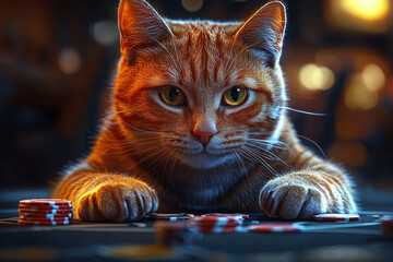 Animal Cat plays poker blackjack in a casino, fantasy