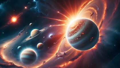 outer space with alien planets and explosion