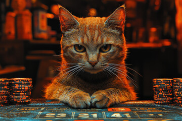 Animal Cat plays poker blackjack in a casino, fantasy