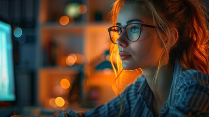 Poster - Young Woman Gazing at a Computer Screen