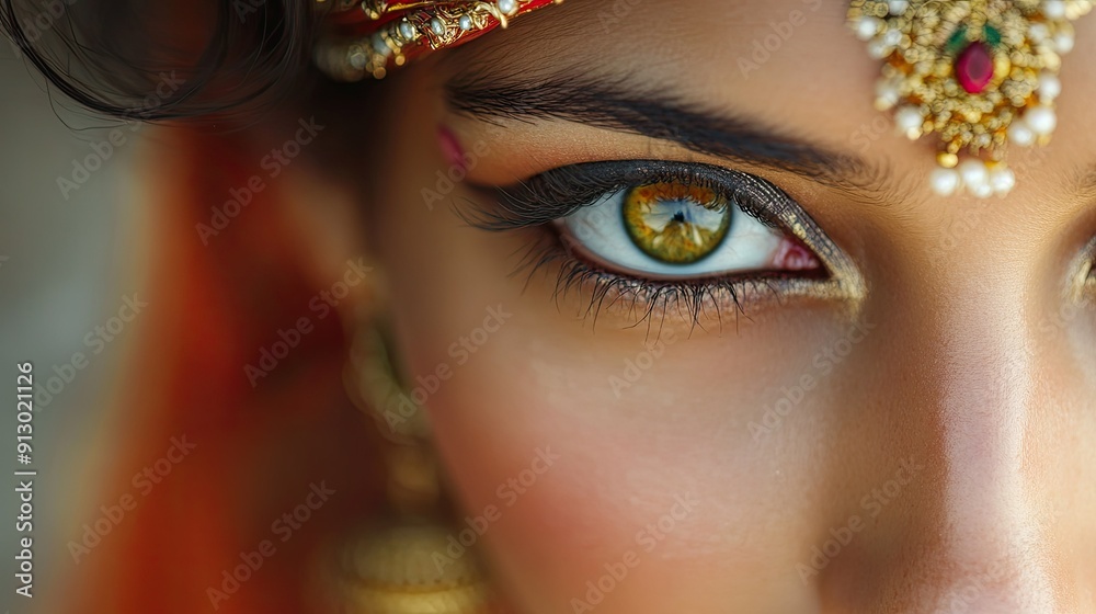 Intricately designed bindi on an Indian woman's forehead, photographed ...