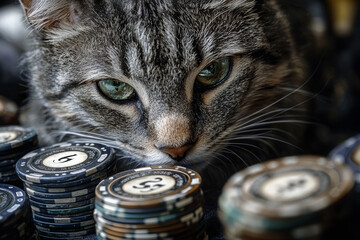 Animal Cat plays poker blackjack in a casino, fantasy