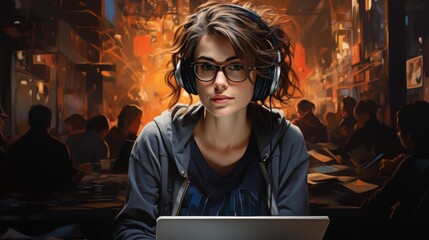 Wall Mural - Woman with Headphones in a Coffee Shop