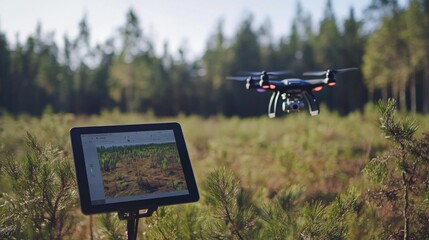 Poster - A drone hovers above a forest clearing while a control monitor displays its live feed, showcasing the lush greenery below.