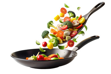 Vegetables fall into a black frying pan on a transparent background. Healthy food concept, delicious and healthy vegetable slices