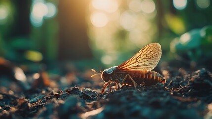 Wall Mural - Cicada on Forest Floor in Golden Hour