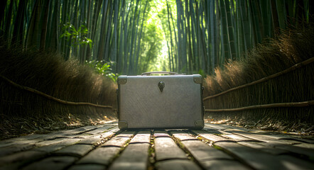 Wall Mural - Silver Metallic Suitcase on Bamboo Forest Floor