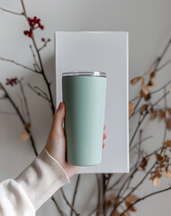 A person holds a green travel mug on a white background with dried foliage, representing ecofriendly products. Keywords beverage, breakfast, environment, sustainable, wellness