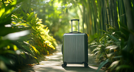 Wall Mural - Silver Metallic Suitcase on Bamboo Forest Floor