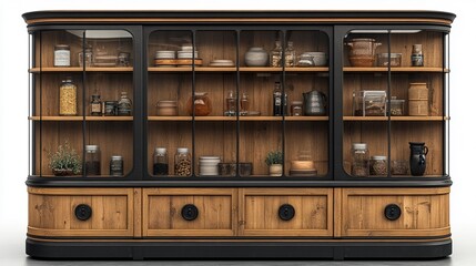 Set of images featuring a glass shelf cabinet, perfect for interior design and display projects, isolated on transparent background, Generative AI