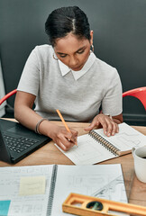 Poster - notes, architecture and woman at desk with planning, laptop and project management in creative devel