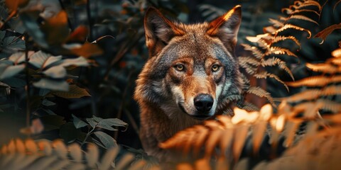 Poster - Wolf in the Jungle A Captivating Display of Natural Beauty with Brown and Green Leaves