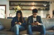 © DK_2020 - A young couple sitting on opposite sides of a couch, disconnect and emotional distance caused by technology in contemporary relationships