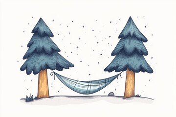 Doodle of a camping hammock tied between two trees with a forest background, pastel colors