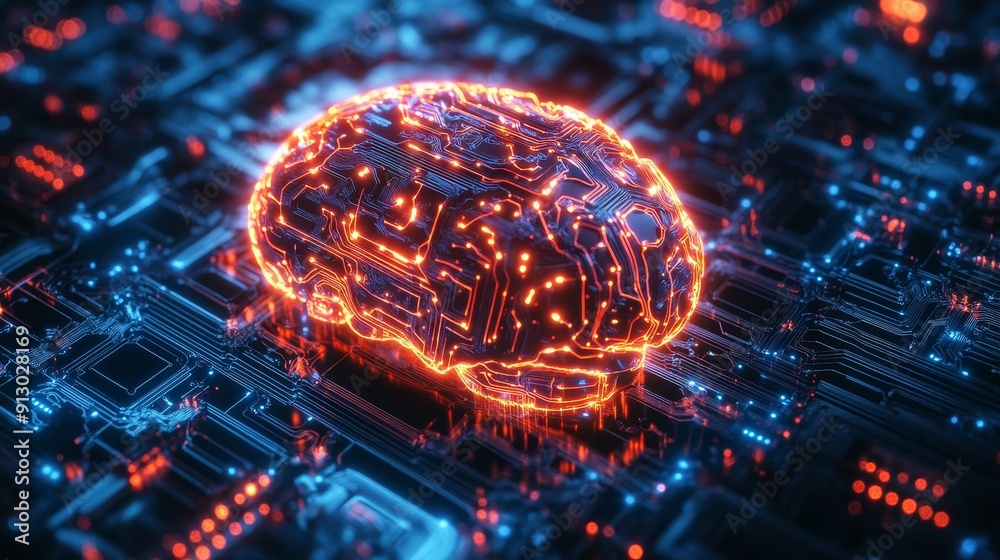 Brain with glowing circuitry representing intelligence and asset ...