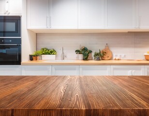 kitchen table background, wood counter top on blur of white clean abstract home interior