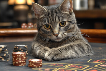 Animal Cat plays poker blackjack in a casino, fantasy