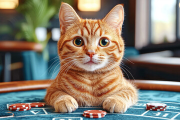 Animal Cat plays poker blackjack in a casino, fantasy