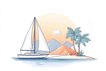 Doodle of a sailboat anchored near a tropical island, simple illustration, cute design, centered composition, pastel colors, white background