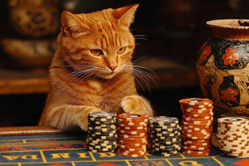 Animal Cat plays poker blackjack in a casino, fantasy