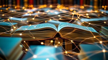 Wall Mural - Global network of books connected by light trails, reach, interconnected learning