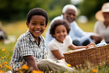 Wall Mural - A multigenerational family having fun at a picnic in a scenic meadow, featuring kids playing with a frisbee and adults relaxing with a picnic basket