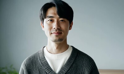 Wall Mural - Portrait of a confident Japanese man in his 40s wearing a chic cardigan against a minimalist or empty room background