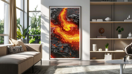 A modern living room interior with a  illustration of fire on white wall and a shelf on the wall