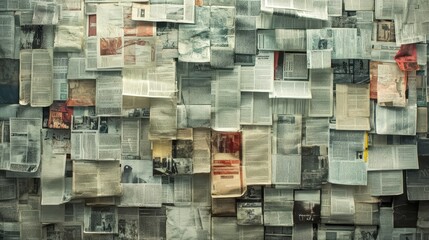 Newspaper-themed art installation with a blend of vintage and modern headlines, news, artistic representation of media evolution