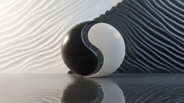 Yin Yang Harmony:  A 3D rendering of the Yin Yang symbol in a minimalist setting, with black and white textured walls, symbolizes balance, duality, and harmony