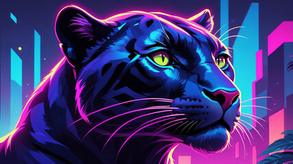 Synthwave portrait of black panther close-up, vibrant neon lights in shades of pink, blue, purple