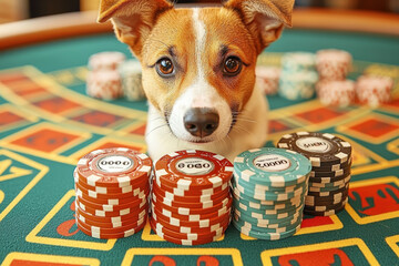 Animal Dog plays poker blackjack in a casino, fantasy