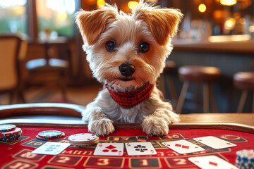 Animal Dog plays poker blackjack in a casino, fantasy