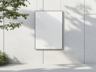 Blank white poster mockup on a concrete wall with a tree and shadow