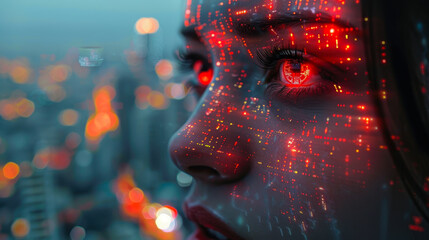 Poster - Futuristic Woman with AI Augmented Reality Interface at Night, Glowing Digital Data Overlays, Cyberpunk Cityscape Background