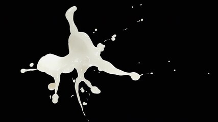 Milk splash in slow motion. 3D animation of white and brown liquid cream drops splash isolated on brown. Alpha matte included for compositing. 4K bright white and dark design element