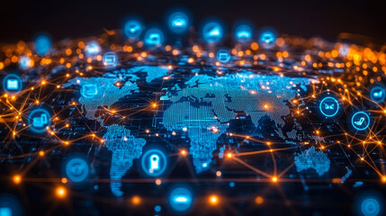 Poster - global network collaboration concept with digital world map and ai technology icons, night view, dat