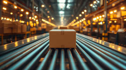 Poster - Cardboard Box on Conveyor Belt in Large Warehouse with Industrial Lighting - Modern Logistics and Distribution Center at Dusk