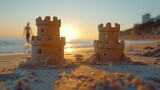 Two sandcastles stand tall on a sandy beach, bathed in the warm glow of a setting sun.