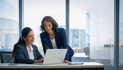 Two busy professional business people working in office with computer. Middle aged female