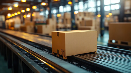Poster - cardboard box on conveyor belt in well-lit industrial warehouse, logistic packaging and automation c