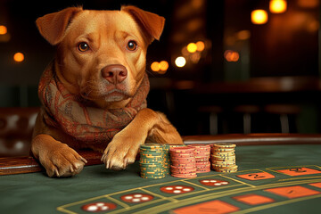 Animal Dog plays poker blackjack in a casino, fantasy