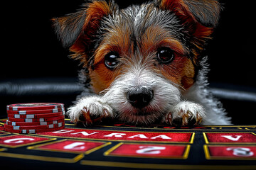 Animal Dog plays poker blackjack in a casino, fantasy