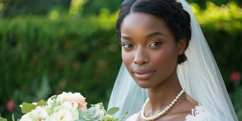 Wall Mural - Wedding in garden, bride with rose bouquet and smile to celebrate love, future, and commitment. Outdoor wedding, happy woman, flowers, nature, and beauty