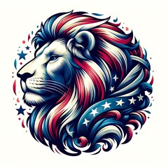 A colorful lion with red white and blue hair