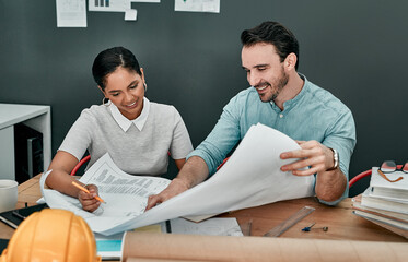 Poster - Architecture, blueprint and business people in meeting office with documents, floorplan and building design. Creative agency, engineering and man and woman with drawing for construction planning
