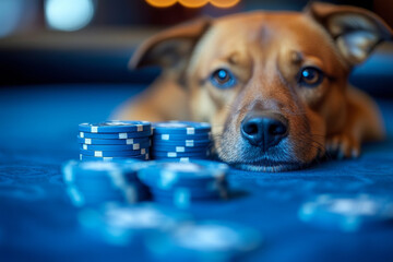 Animal Dog plays poker blackjack in a casino, fantasy